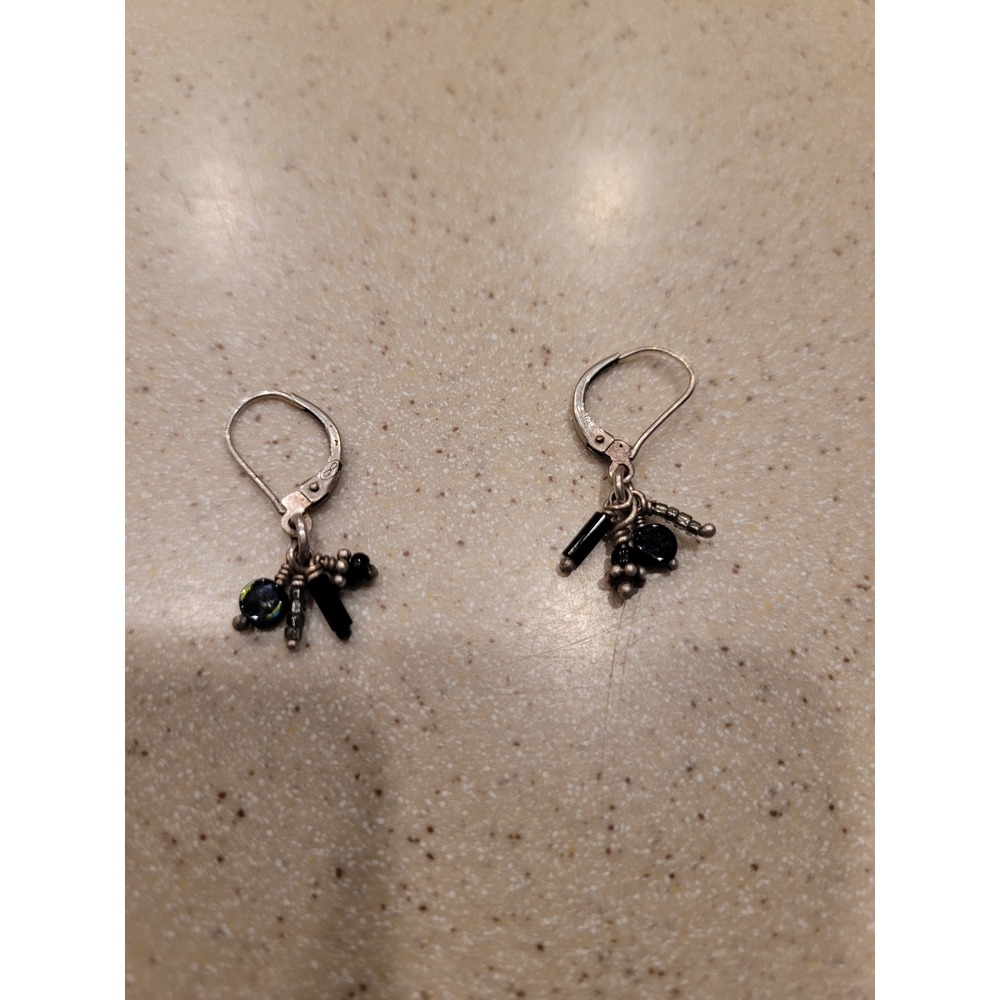 Vintage Black Beaded Leverback Drop Earrings Silver Tone Cluster Dangle Women